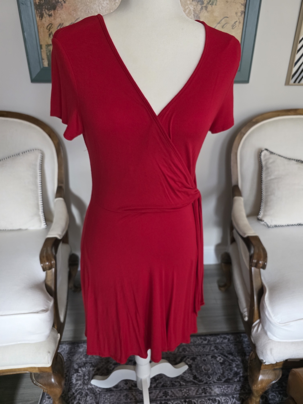 Source Unknown Red Faux-Wrap Short Sleeve Dress
